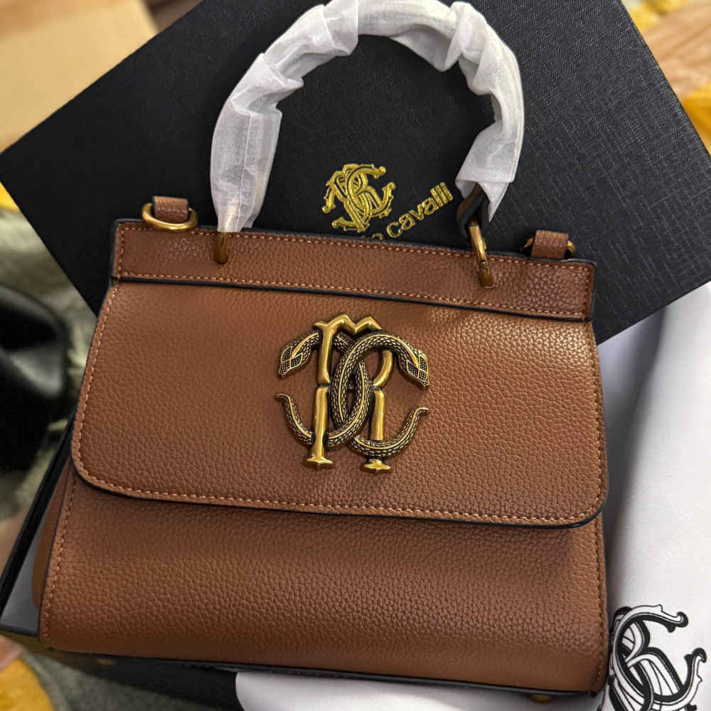 Roberto Cavalli Monogram Mirror Snake Brown Shoulder Bag-thumb-0