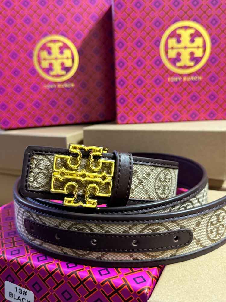 Tory Burch Brown & Golden Embellished Buckle Belt-thumb-0