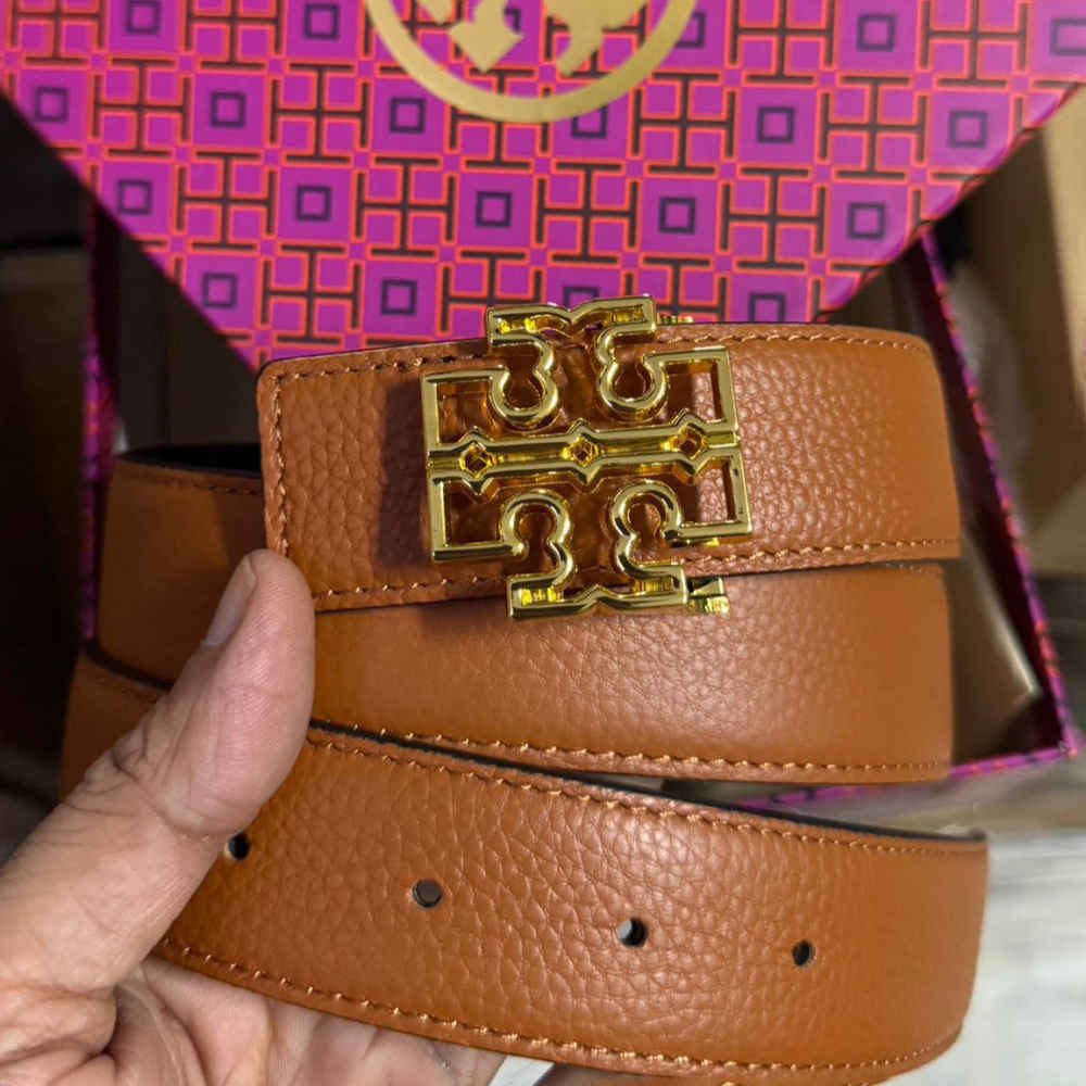 Tory Burch Brown & Golden Embellished Buckle Belt-thumb-0