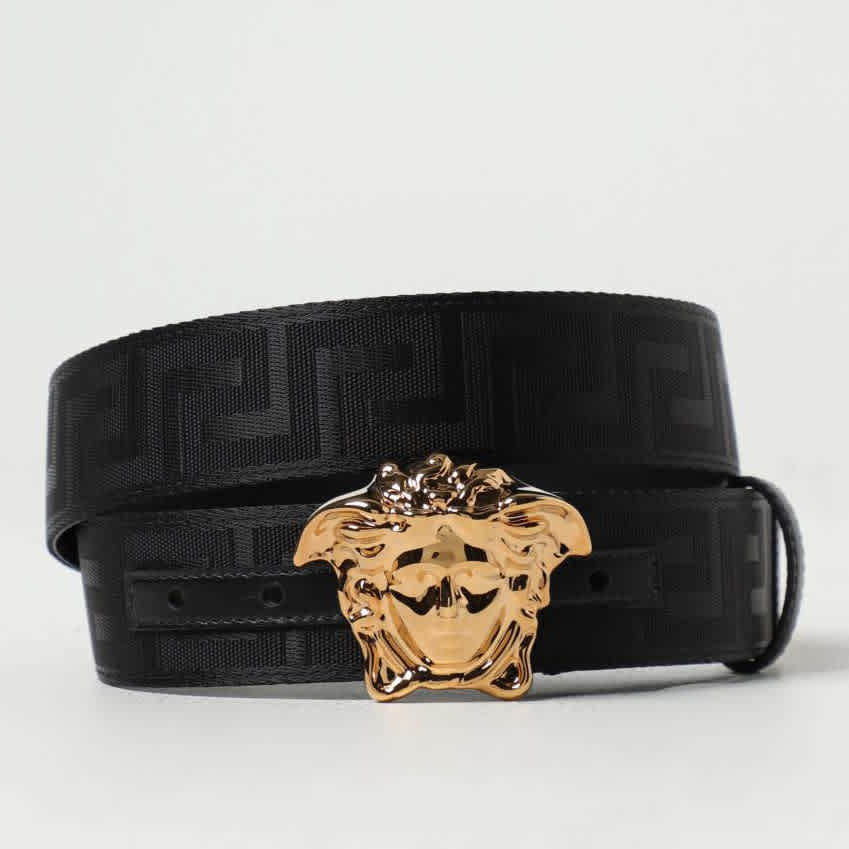 Versace Black & Golden Embellished Buckle Belt-thumb-0