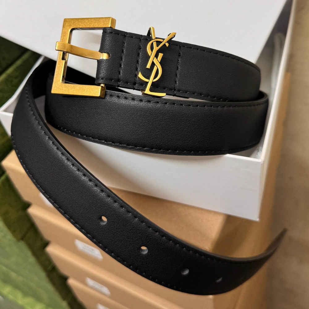 YSL Black Elastic Band Crystal Embellished Buckle Belt-thumb-0