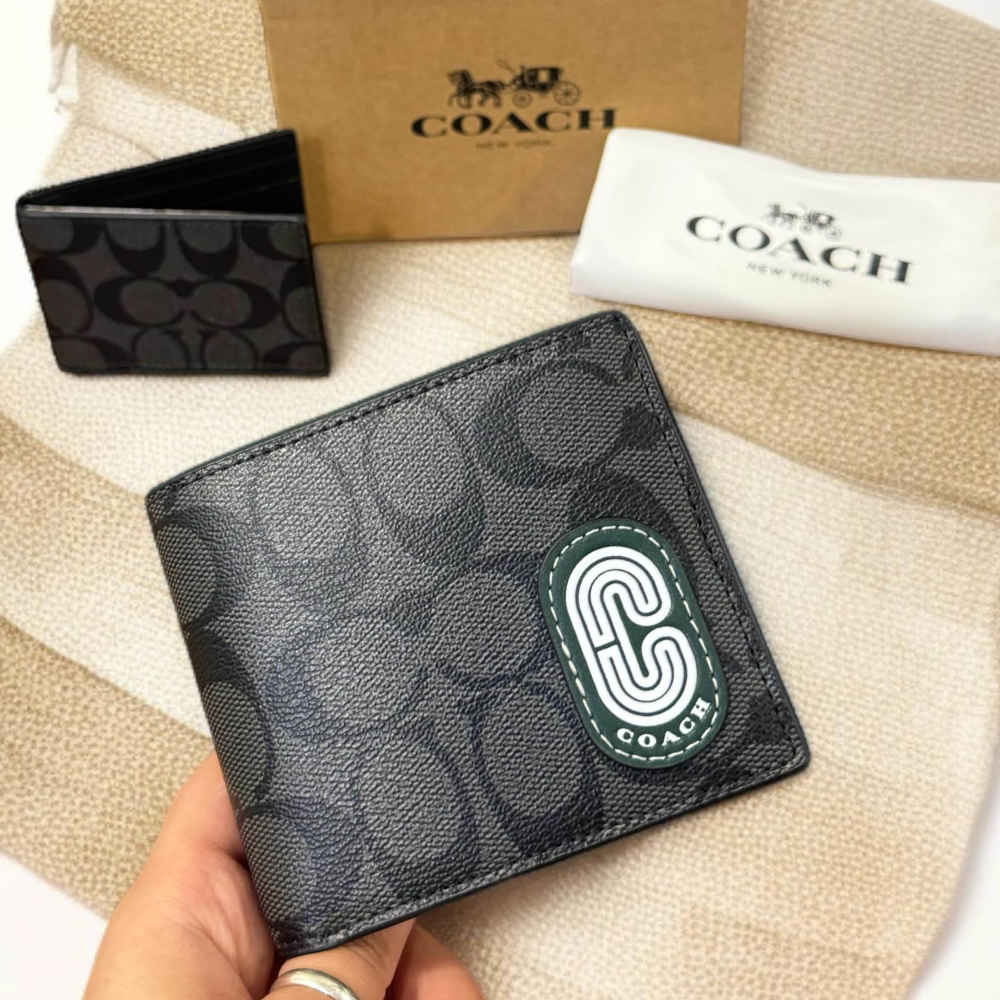 Coach Black & Green Leather Compact Wallet-thumb-0