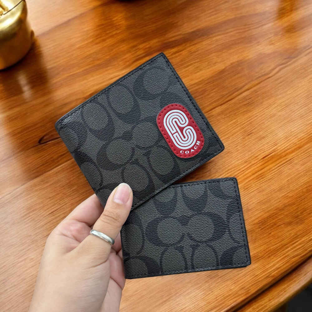 Coach Black & Red Leather Compact Wallet-thumb-0