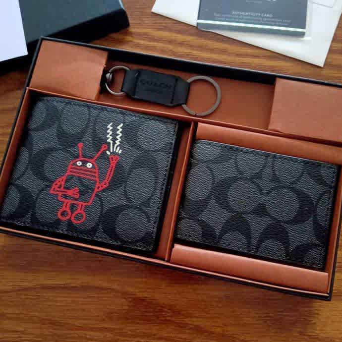 Coach Black & Red Leather Compact Wallet-thumb-1