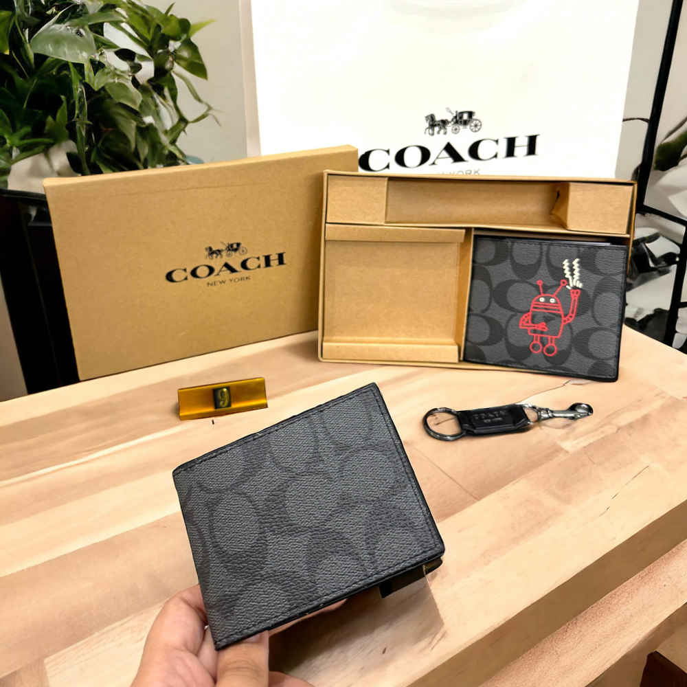 Coach Black & Red Leather Compact Wallet-thumb-3