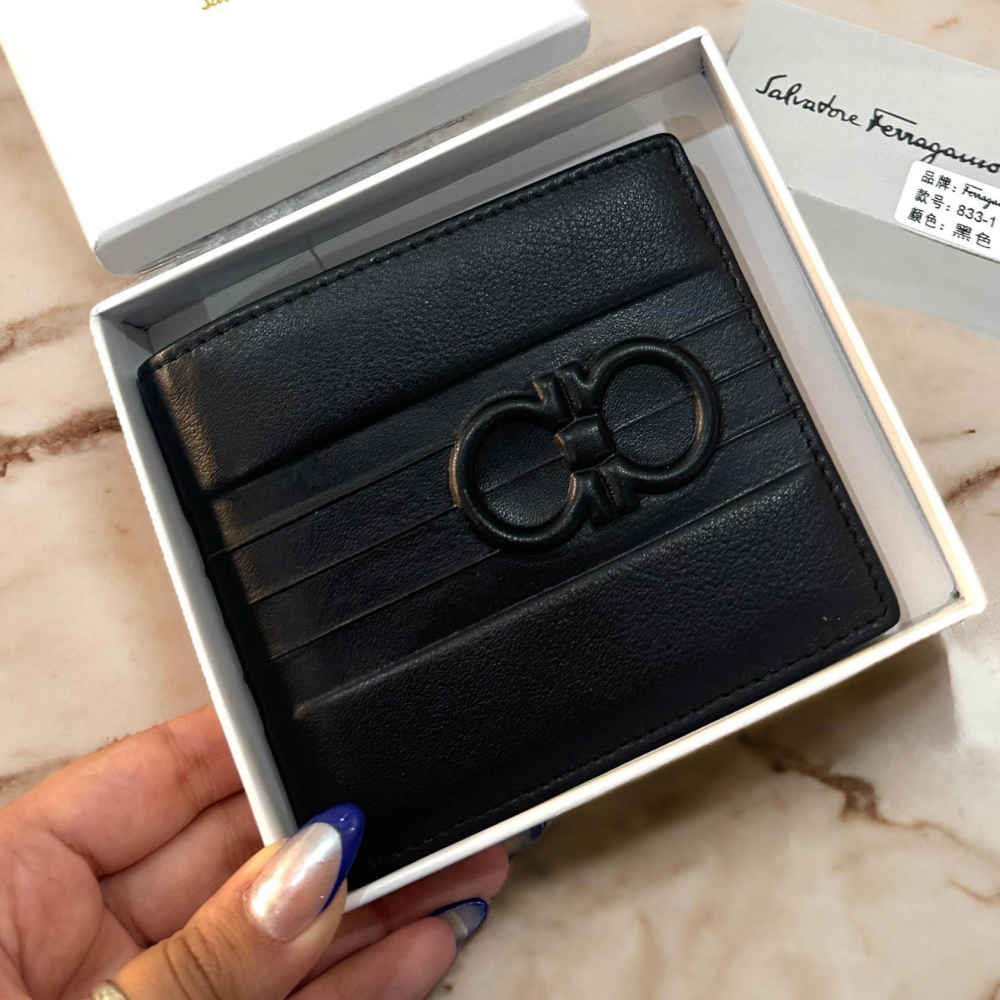 Ferragamo Black Leather Compact Wallet-thumb-1