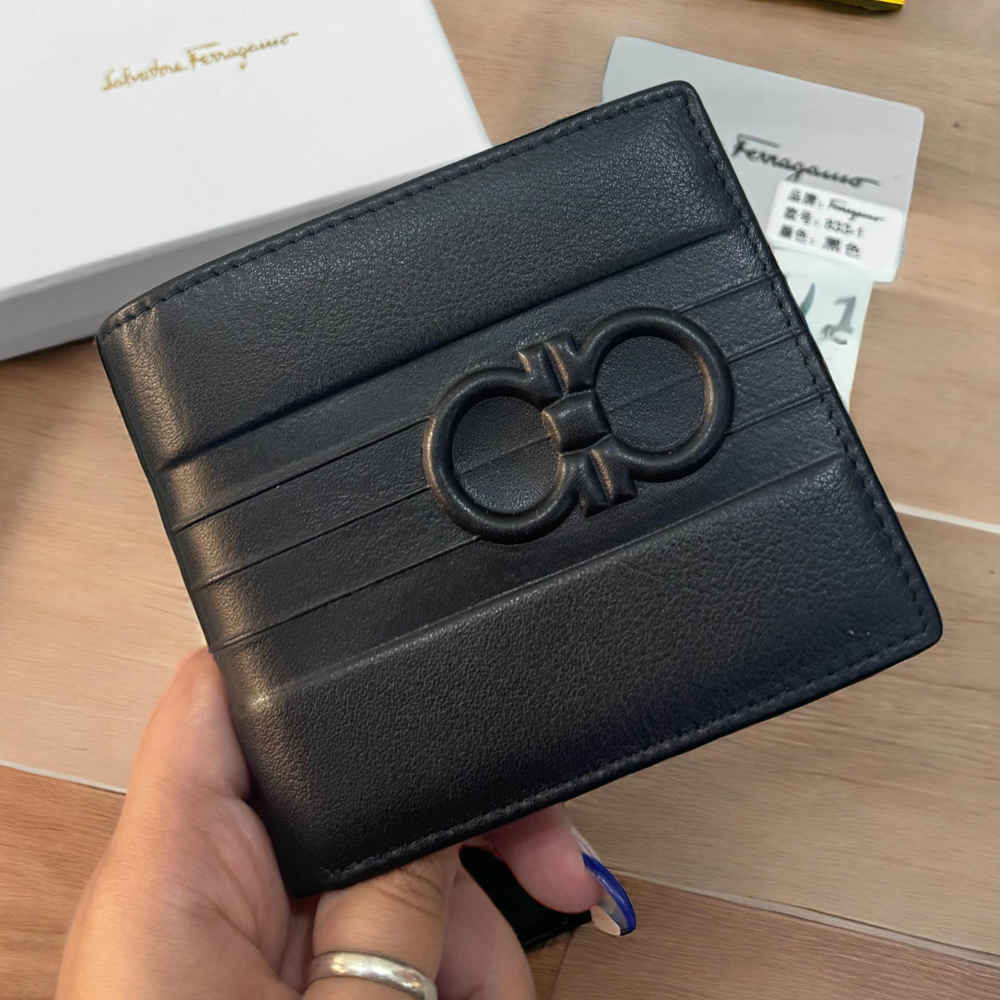 Ferragamo Black Leather Compact Wallet-thumb-0