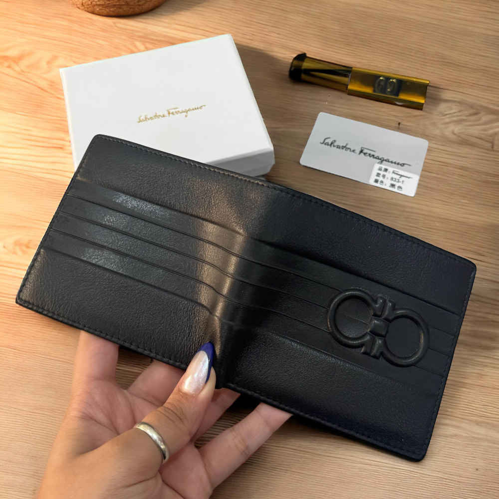 Ferragamo Black Leather Compact Wallet-thumb-2