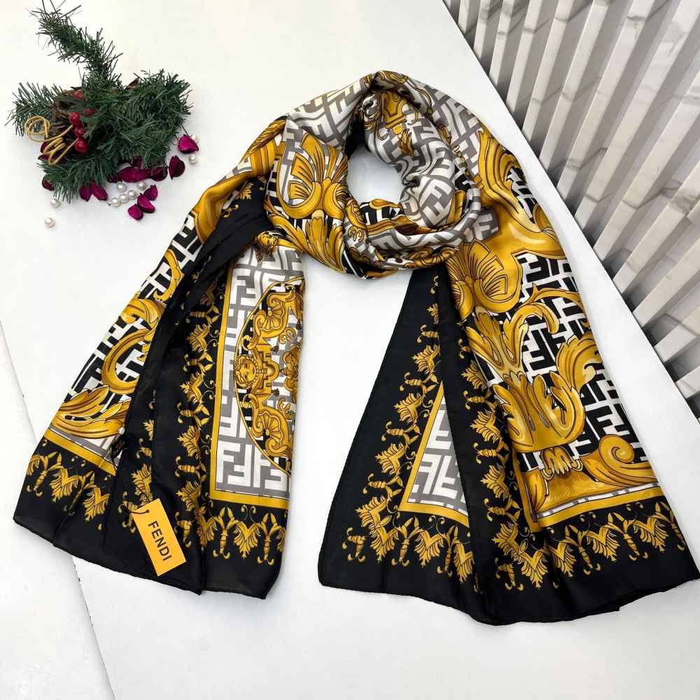 Fendi "FF" Designer Black & Golden Silk Stole-thumb-0