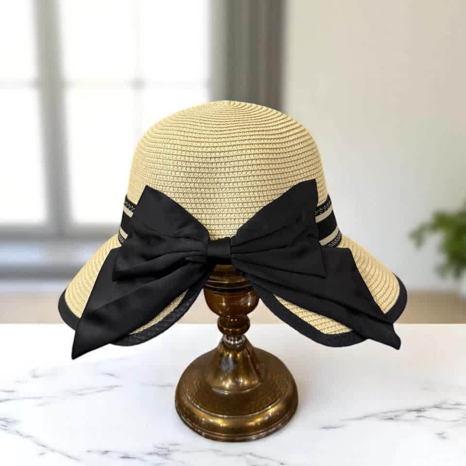 Dior Cream Premium Bucket Hat With Bow-thumb-1