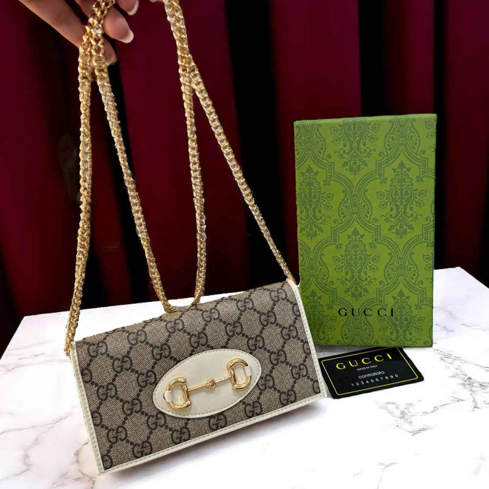 Gucci Beige & White GG Supreme Wallet-On-Chain Sling Bag-5