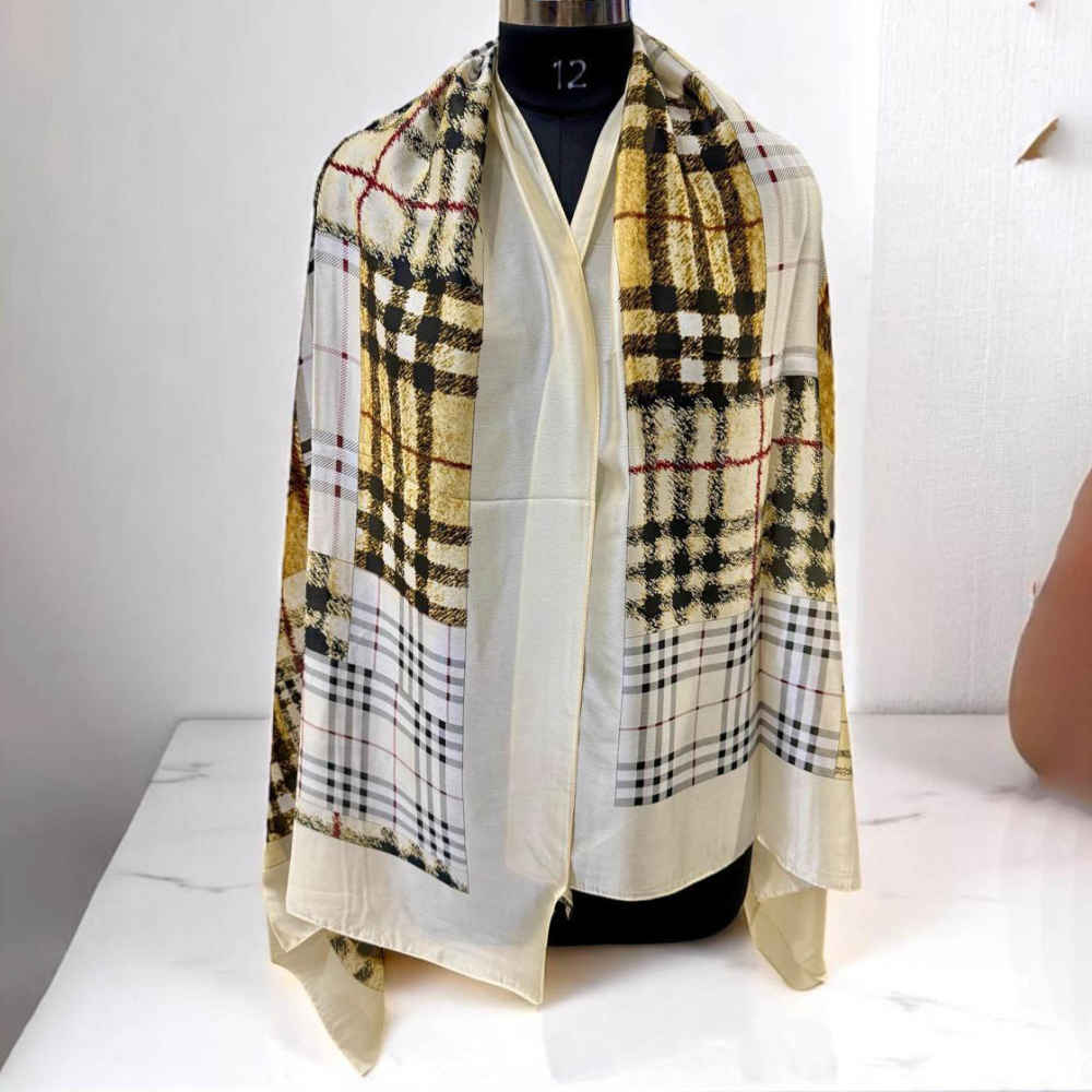Burberry Designer Cream Check Silk Stole-thumb-2