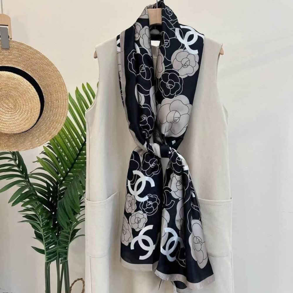 Chanel Designer Black Silk Stole-thumb-2