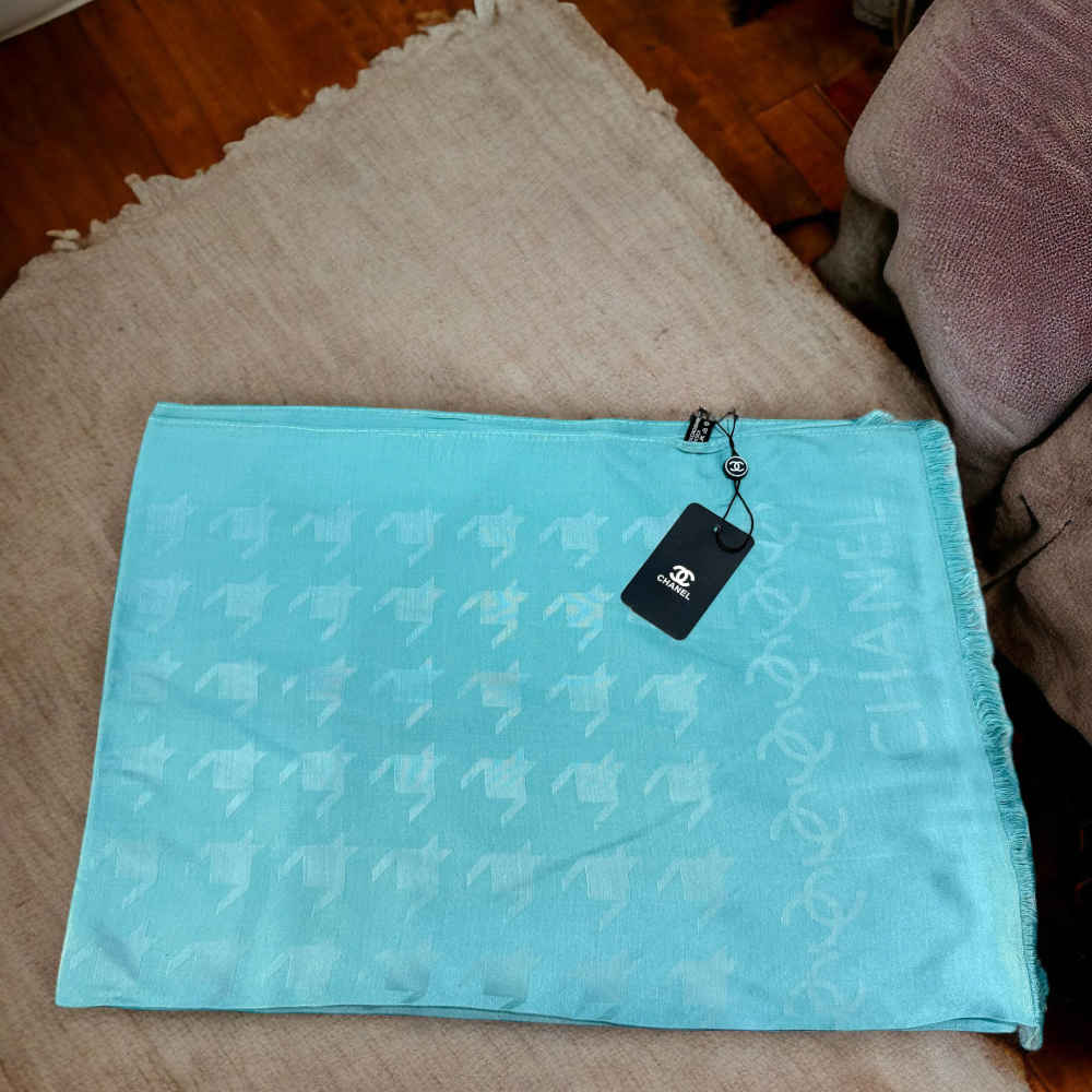 Chanel Designer Teal Blue Silk Stole-thumb-2