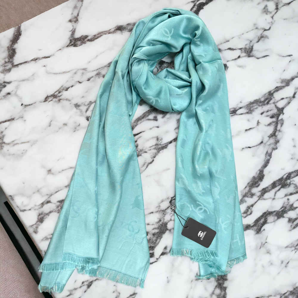 Chanel Designer Teal Blue Silk Stole-thumb-0