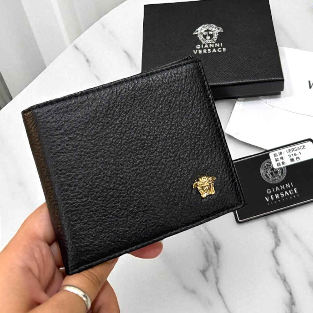 Versace Black Leather Compact Wallet-thumb-0