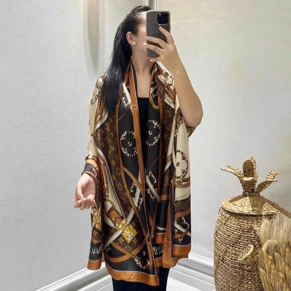 Louis Vuitton Designer Brown Silk Stole-thumb-2