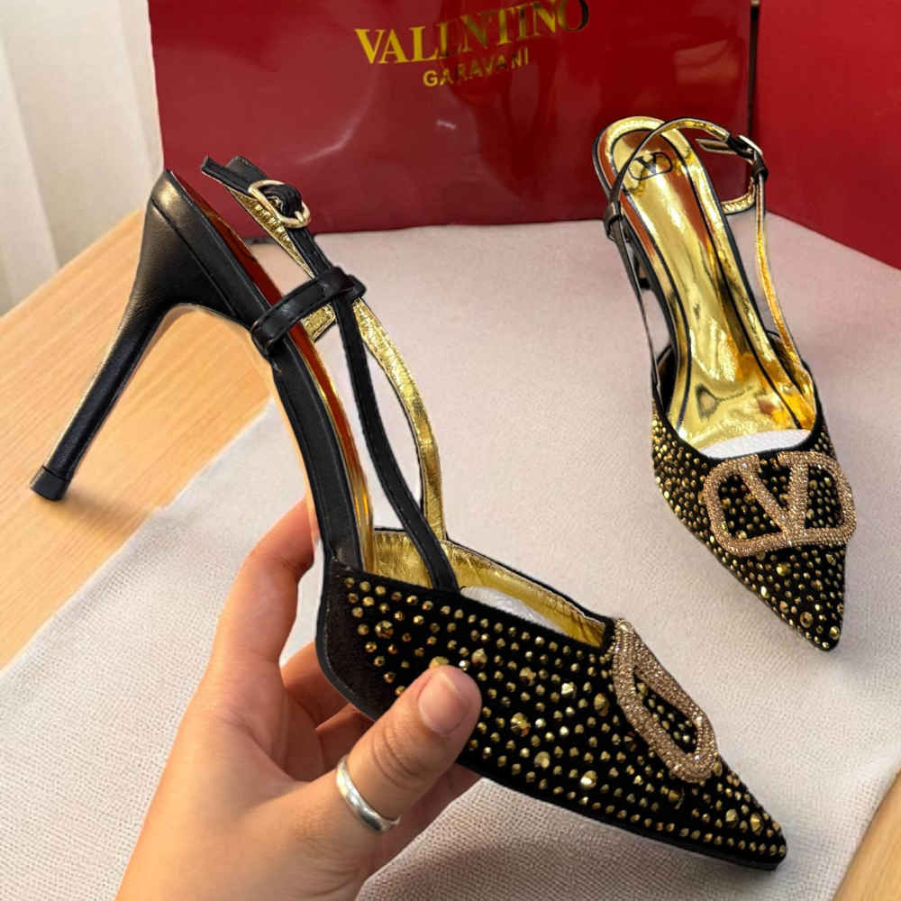 Valentino Black & Golden Premium Quality Heels Sandals-1
