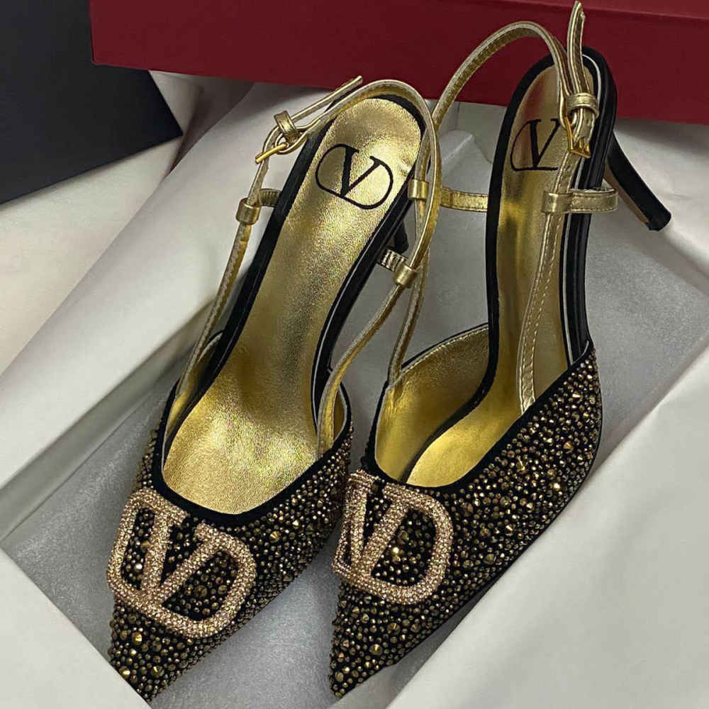 Valentino Black & Golden Premium Quality Heels Sandals-3