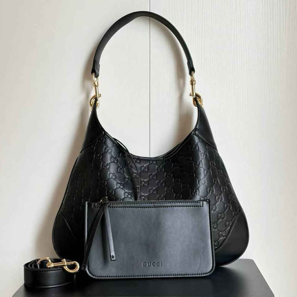 Gucci B Medium Hobo Embossed Black Tote Bag-1