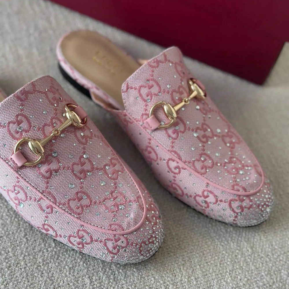 Gucci GG Women's Princetown Pink Flat Sandals with Crystal Horsebit-4