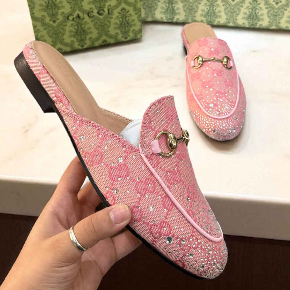 Gucci GG Women's Princetown Pink Flat Sandals with Crystal Horsebit-2