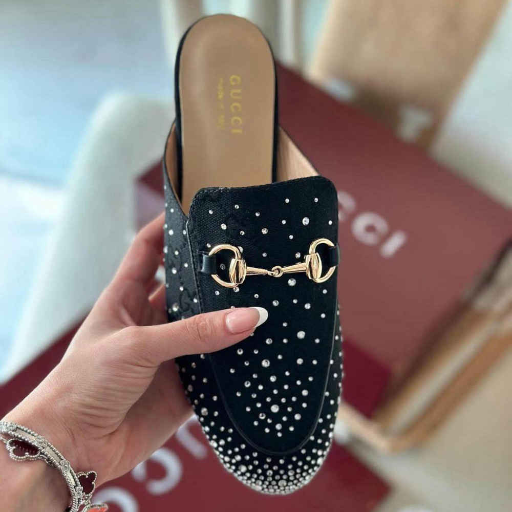 Gucci GG Women's Princetown Black Flat Sandals with Crystal Horsebit-3
