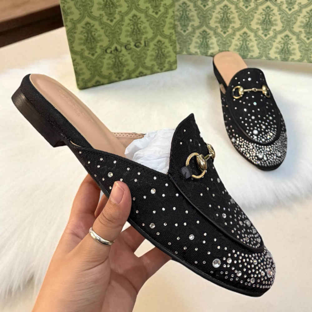 Gucci GG Women's Princetown Black Flat Sandals with Crystal Horsebit-2