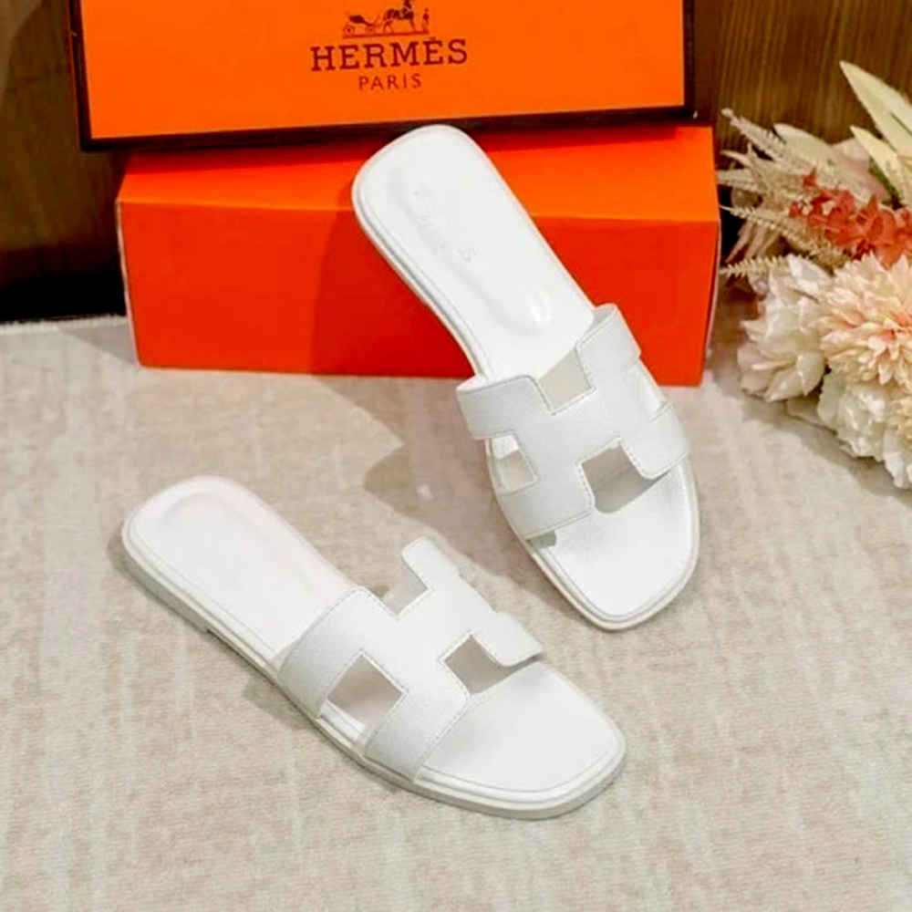 Hermes White Premium Quality Women's Flat Sandals-thumb-0