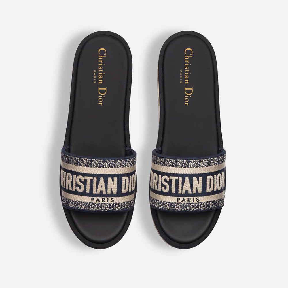 Dior Dway Platform Slide Deep Blue Embroidered Cotton Flat Sandals-2