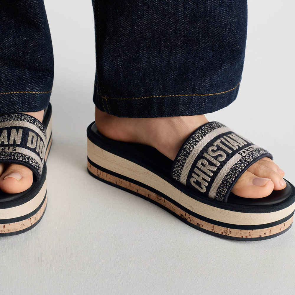 Dior Dway Platform Slide Deep Blue Embroidered Cotton Flat Sandals-3