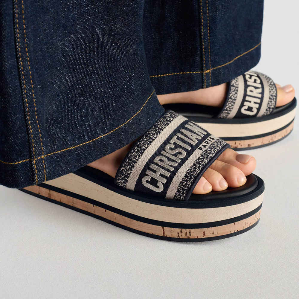 Dior Dway Platform Slide Deep Blue Embroidered Cotton Flat Sandals-4