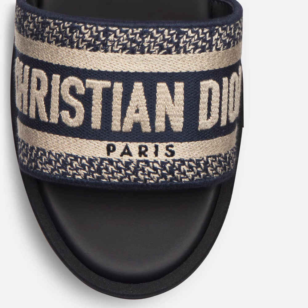 Dior Dway Platform Slide Deep Blue Embroidered Cotton Flat Sandals-5