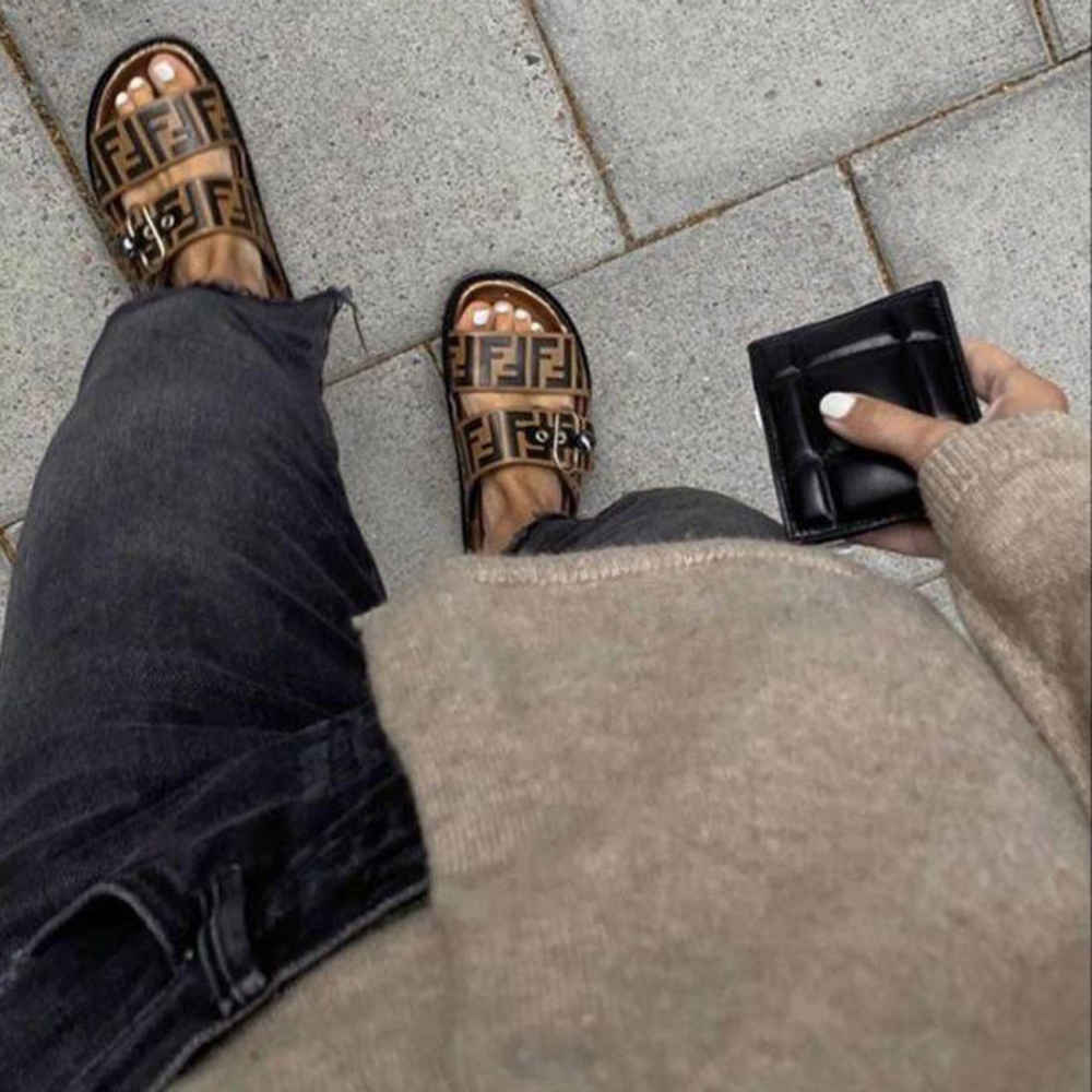 Fendi Feel FF Jacquard Brown Buckle Flat Sandals-thumb-3