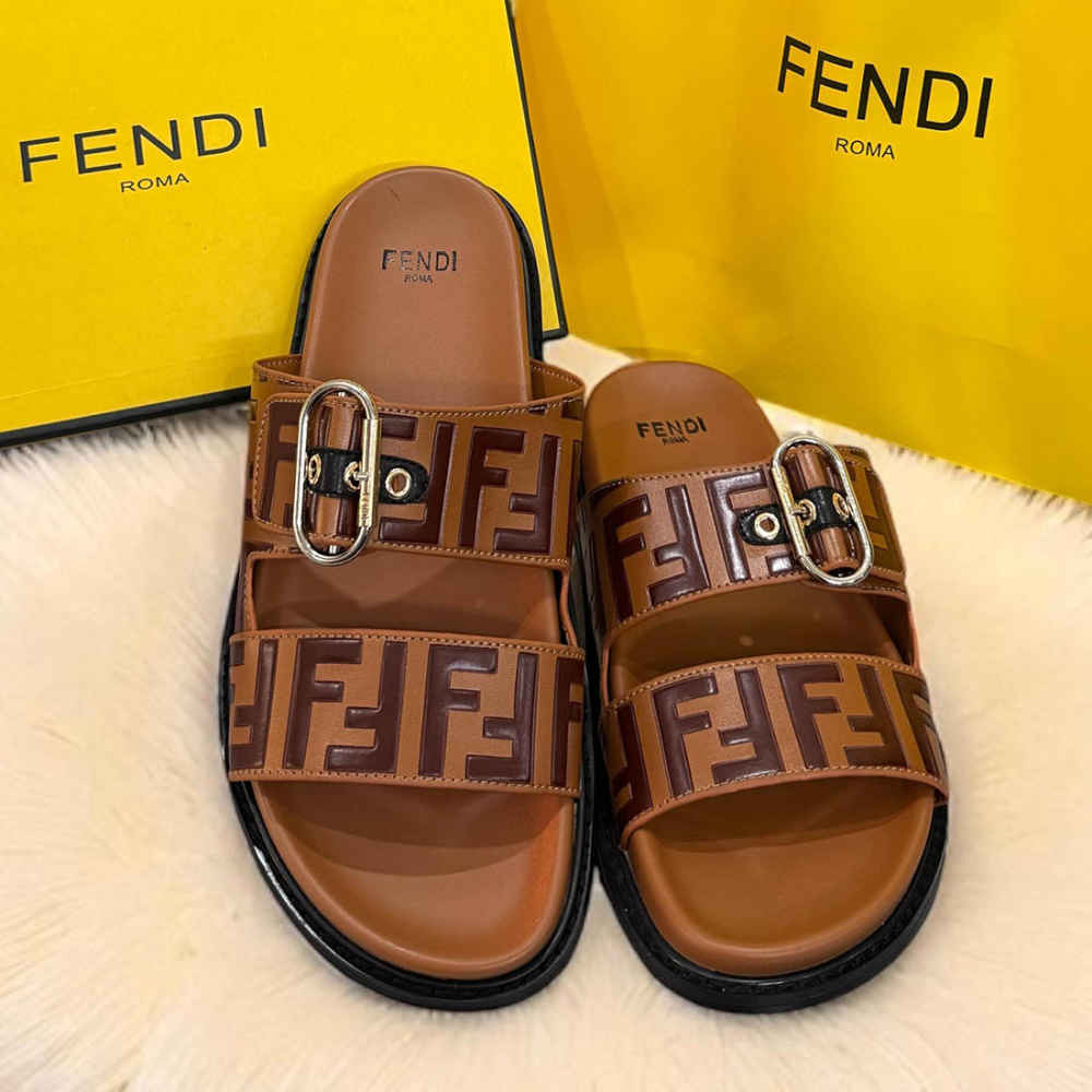 Fendi Feel FF Jacquard Brown Buckle Flat Sandals-thumb-2