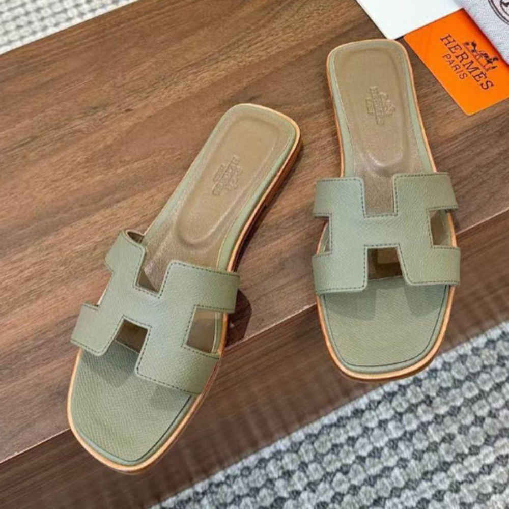 Hermes Oran Green Flat Sandals-thumb-1
