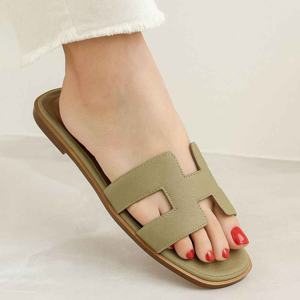 Hermes Oran Green Flat Sandals-thumb-0