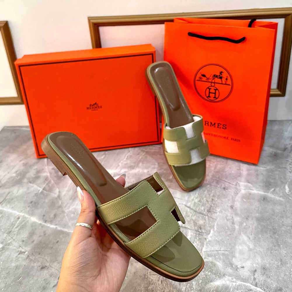 Hermes Oran Green Flat Sandals-thumb-2