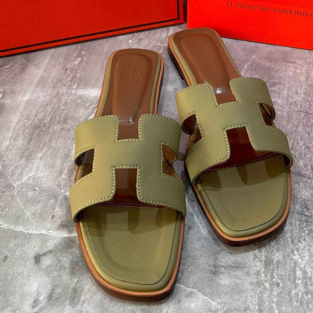 Hermes Oran Green Flat Sandals-thumb-4