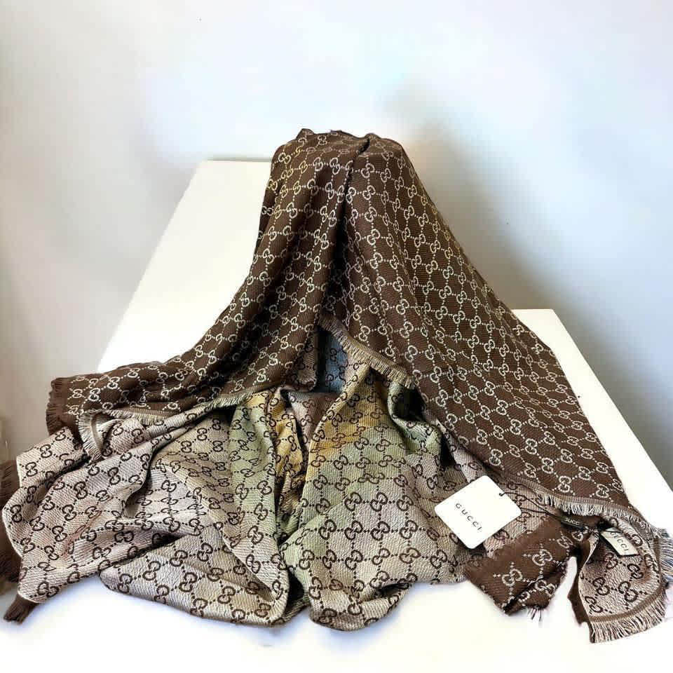 Gucci GG Pattern Brown Silk-Blend Scarf-thumb-1