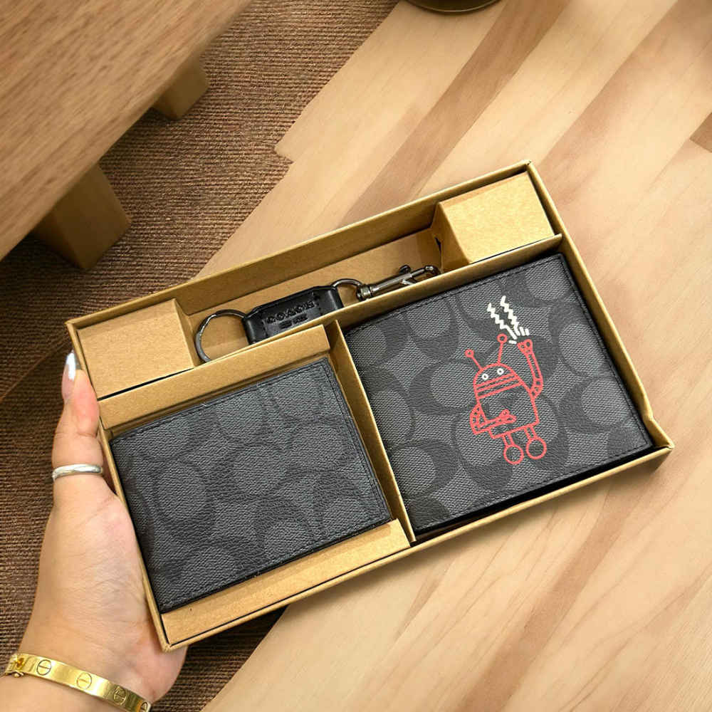 Coach Signature Canvas Robot Print Black 3-In-1 Wallet-thumb-0
