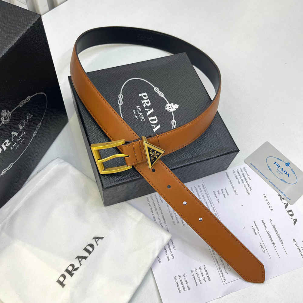 Prada Milano Gold Triangle Brown Belt-thumb-0