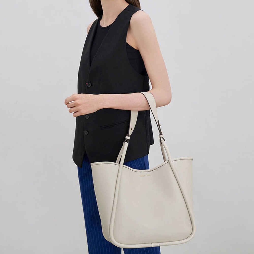 Charles & Keith Lyla Tubular Small Cream Tote Bag-thumb-4