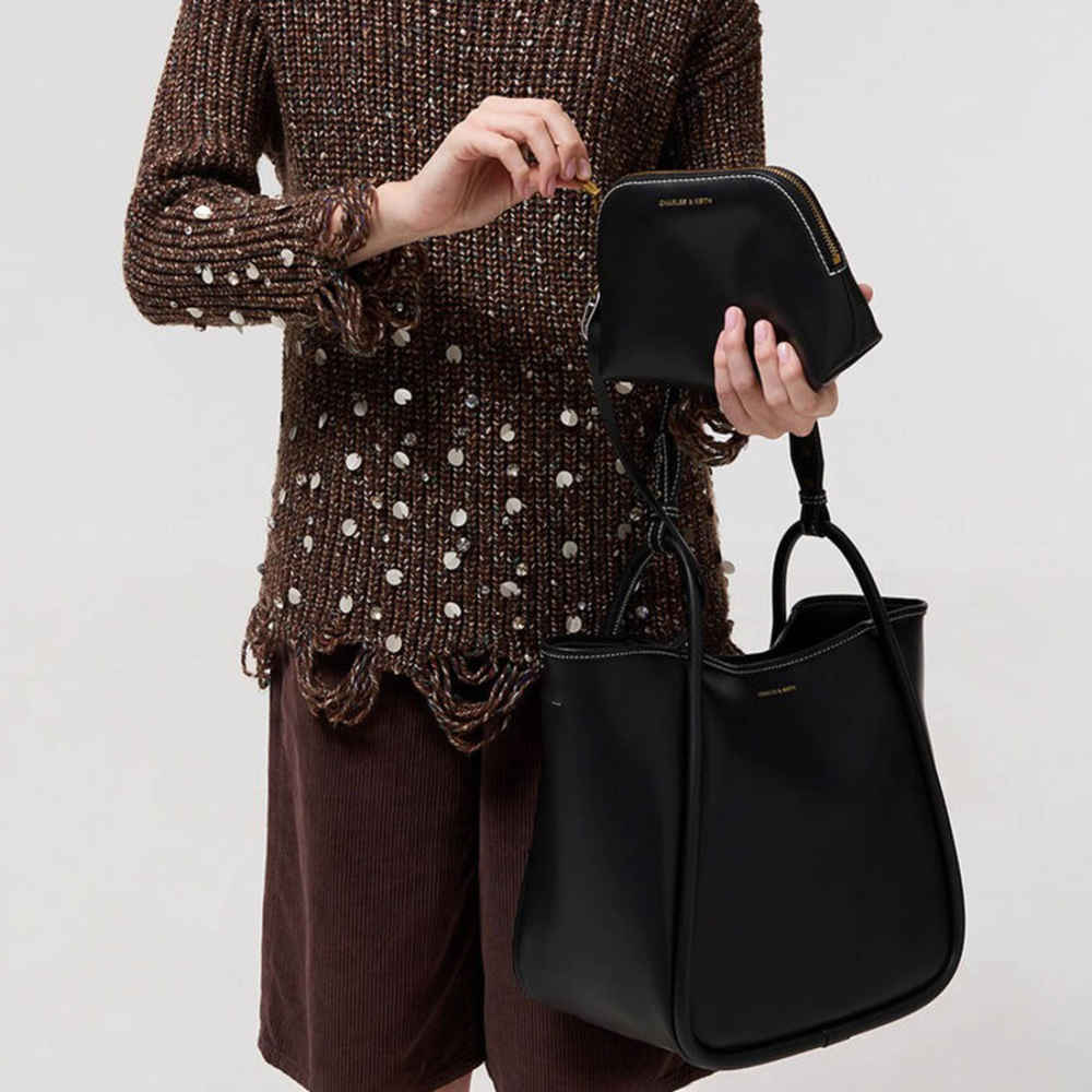 Charles & Keith Lyla Tubular Small Black Tote Bag-2