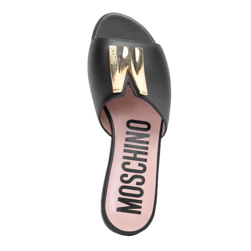 Moschino logo Black Premium Leather Flat Sandals-thumb-3