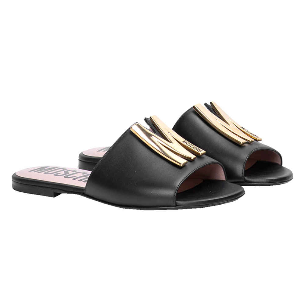 Moschino logo Black Premium Leather Flat Sandals-thumb-0