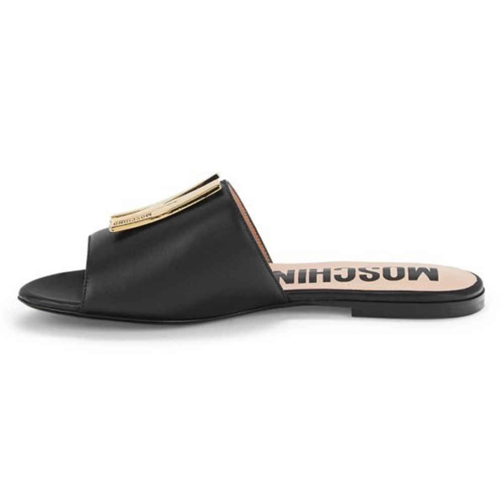 Moschino logo Black Premium Leather Flat Sandals-thumb-2