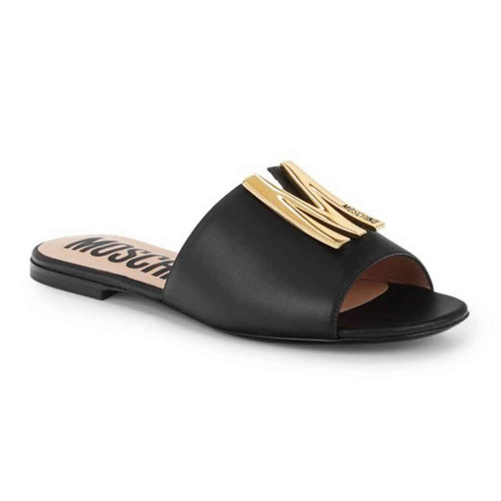 Moschino logo Black Premium Leather Flat Sandals-thumb-4
