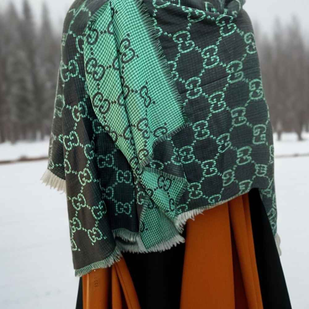 Gucci GG Monogram Logo Green Silk Stole-thumb-0