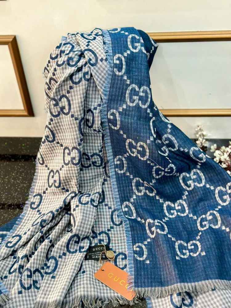 Gucci GG Monogram Logo Blue Silk Stole-thumb-1